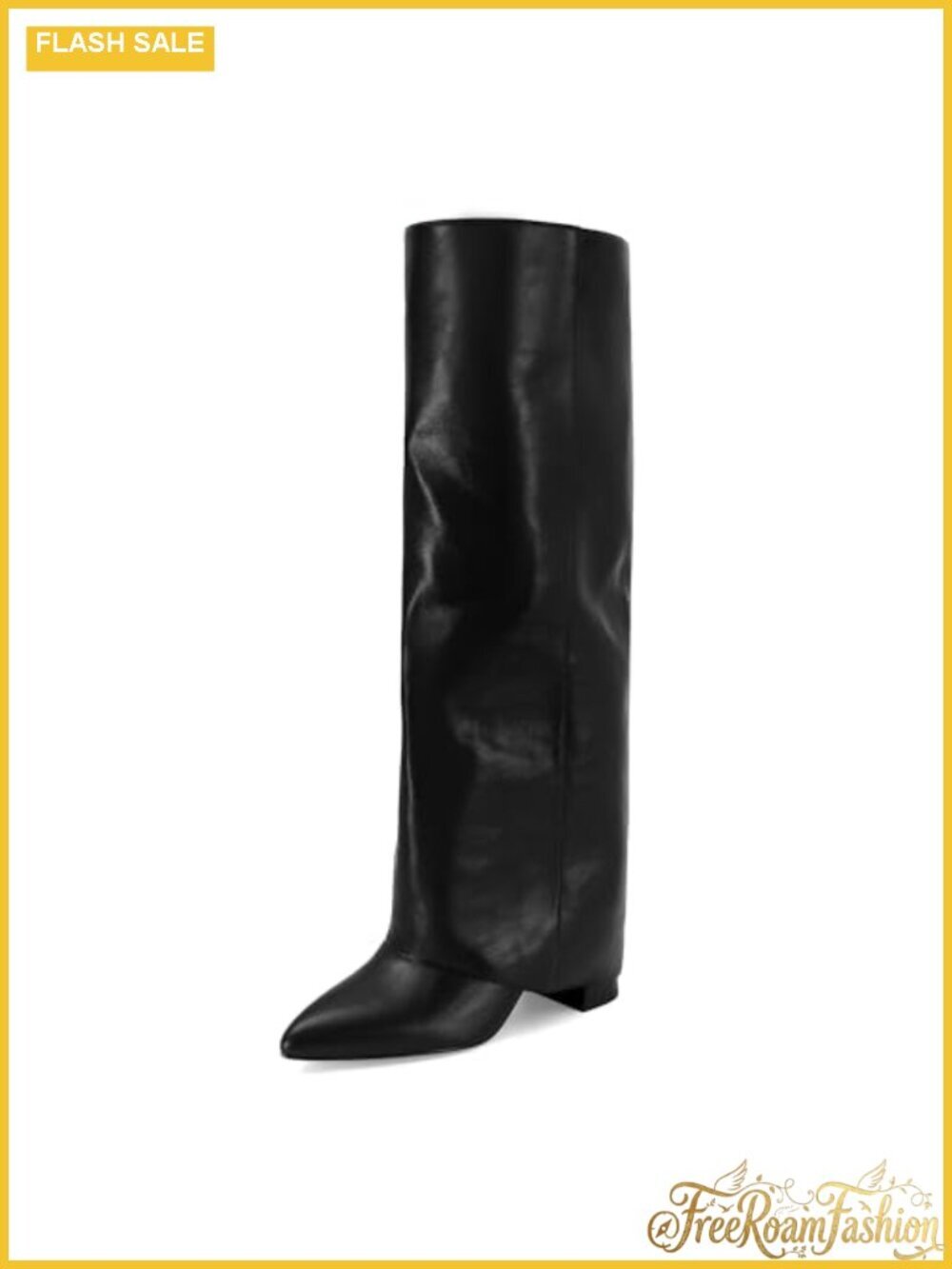 Faux Leather Knee High Boots Chunky Heel Pointed Toe Fold Over Pull On
